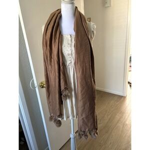 Luxury 100% Cashmere Scarf Brown Pom Pom Tassel Fringe Wrap Shawl Old Money